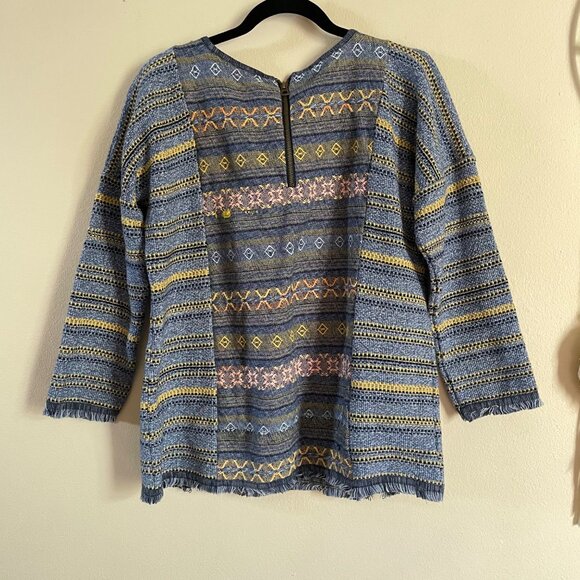 LUCKY BRAND Womens Chunky Tweed Boho Sweater Crochet Bottom Fray Blue Size L - Picture 6 of 12